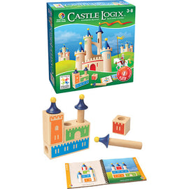 Castle Logix mechanical puzzle by SmartGames featuring colorful wooden blocks, a castle theme, and a booklet with illustrated challenge cards. Suitable for children aged 3-8, promoting problem-solving and fine motor skills.