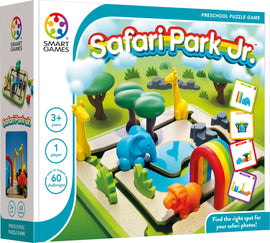 Safari Park Jr. by Smart Toys & Games is a colorful mechanical puzzle designed for preschoolers aged 3 and up. The game features vibrant animal figures including a giraffe, elephant, and lion, situated in a lush, green park setting with trees and a pond. It offers 60 challenges, encouraging one-player gameplay that enhances problem-solving skills and imaginative play. The packaging highlights its engaging design and educational value.