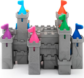 Tower Stacks by Smart Toys & Games features a colorful mechanical puzzle designed to build a castle with vibrant flags atop the towers. The structure consists of interlocking pieces in shades of gray with bright pink, blue, orange, green, and purple flags, providing an engaging and visually appealing challenge for all ages.
