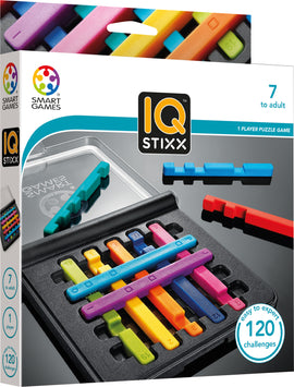 IQ Stixx by Smart Toys & Games is a colorful mechanical puzzle game designed for 1 player. The image shows a sleek black case with various vibrant pieces laid out in a grid, indicating multiple challenges. The set is suitable for ages 7 and up and offers 120 levels of increasing difficulty, encouraging logical thinking and problem-solving skills.