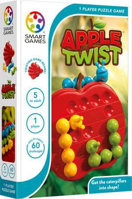 Apple Twist mechanical puzzle by Smart Toys & Games features a vibrant red apple-shaped board with colorful caterpillar pieces. Designed for 1 player, the game presents 60 challenges that range from easy to expert, aiming to fit the caterpillars into specific shapes. Ideal for ages 5 and up, it combines fun and cognitive skill development.