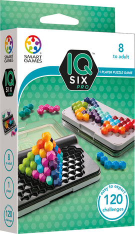 The IQ Six Pro by Smart Toys & Games is a mechanical puzzle designed for ages 8 and up. Featuring colorful hexagonal pieces, the packaging displays a completed structure on a black base, emphasizing its engaging challenges. It promotes logical thinking and problem-solving skills with 120 challenges ranging from easy to expert.
