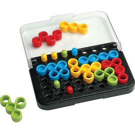 The IQ Twist - Multi-Level Logic puzzle from SmartGames features a compact black base with colorful pieces in yellow, red, green, and blue. The pieces are uniquely shaped, resembling intertwined loops, designed to fit together in various configurations for challenging multi-level logic gameplay. The transparent lid allows for easy storage and visibility of the puzzle pieces.