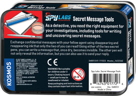 Spy Labs: Secret Message Tools by Thames & Kosmos. The packaging features a sleek design with illustrations of invisible ink pens and writing tools for secret communication. Ideal for budding detectives to exchange confidential messages using disappearing and reappearing ink.