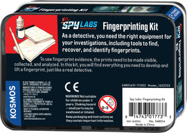 Spy Labs: Fingerprinting Kit by Thames & Kosmos. This kit includes tools for collecting and analyzing fingerprint evidence, helping aspiring detectives in investigations. The package features a fingerprint lifting brush, a dusting powder, and instructional materials for proper use.