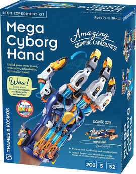 The Mega Cyborg Hand STEM experiment kit by Thames & Kosmos. The box features a colorful design showcasing a large hydraulic hand that can pick up objects. The kit includes adjustable fingers and thumb for dexterity, promoting STEM education. It is suitable for ages 7 and above, encouraging hands-on learning about modern pneumatic technology.