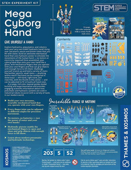 The Mega Cyborg Hand is a DIY STEM experiment kit by Thames & Kosmos. It features a hydraulic robotic hand with adjustable fingers and a detachable thumb, designed to simulate human movement. The kit includes over 200 pieces, a 52-page manual, and allows for hands-on learning about hydraulics and robotics. Ideal for children and teens interested in science and engineering, it offers a unique way to explore mechanics and robotics through play.