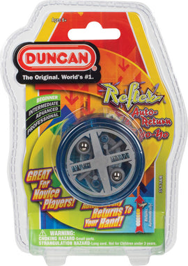 The Reflex Auto Return Yo-Yo from Duncan is displayed in its packaging, featuring a clear case that shows the blue and silver yo-yo inside. The packaging includes colorful graphics and text highlighting its suitability for beginner, intermediate, advanced, and professional players, along with warnings about small parts and usage for ages 6+. The yo-yo is designed for easy play, automatically returning to the hand for effortless enjoyment.