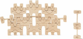 Circus Athletes game by Babai featuring wooden pieces shaped like playful athletes. The game includes numbered and smiling figures, designed for interactive fun and learning.