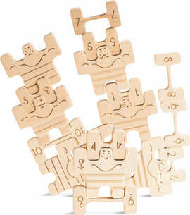Circus Athletes game by Babai featuring uniquely shaped wooden puzzle pieces, each with playful designs of smiling circus characters and numbers. Ideal for developing fine motor skills and enhancing cognitive abilities in children.