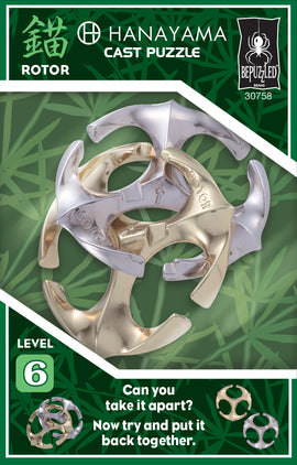 Hanayama Cast Rotor mechanical puzzle featuring intertwined metal pieces in silver and gold colors. The puzzle is designed to challenge problem-solving skills and dexterity, making it perfect for puzzle enthusiasts. It is set against a green bamboo background with a level 6 difficulty indicator, encouraging users to separate and reassemble the pieces.