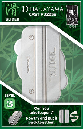 The Hanayama Cast Slider is a sophisticated mechanical puzzle featuring a sleek and shiny metallic design. The puzzle is marked with the word 'SLIDER' and includes a unique assembly challenge. It's categorized as a Level 3 puzzle, indicating moderate difficulty. The background showcases a green bamboo motif, emphasizing the puzzle's intricate design and engaging challenge. Perfect for puzzle enthusiasts seeking to enhance their problem-solving skills.