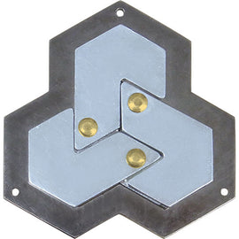 A Cast Hexagon mechanical puzzle by Hanayama featuring a unique hexagonal design with interlocking pieces and shiny metallic accents, ideal for brain teasers and challenge enthusiasts.