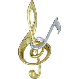 The Cast Harmony mechanical puzzle by Hanayama features an intricate design shaped like a treble clef and a musical note. Crafted from durable metal, it showcases a shiny gold and silver finish, emphasizing its elegant and artistic appeal. This challenging puzzle engages the mind as you work to separate the pieces and brings a symphony of fun and creativity to your puzzle collection.
