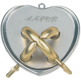 Hanayama Cast Amour mechanical puzzle featuring a heart-shaped design with golden interlocking parts and the word 'AMOUR' engraved on the surface. Ideal for puzzle enthusiasts seeking a unique challenge.
