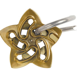 The Cast Helix mechanical puzzle by Hanayama features an intricate star-shaped design made of brass. The puzzle showcases a combination of circles and curved lines in a charming, polished finish, with a metal loop attached that adds to its complexity. Perfect for puzzle enthusiasts seeking a challenge.