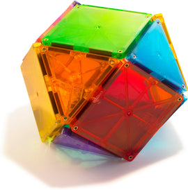 Magna Tiles Clear Colors 32 Piece Set displayed with colorful translucent geometric shapes including squares and triangles, ideal for educational play and creativity.