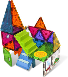 A colorful Magna Tiles house made from 28 translucent pieces. The structure features triangular and square tiles in vibrant colors, a green staircase, and decorative elements like a clock and flower design.