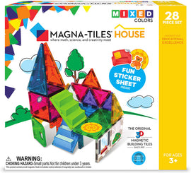 The Magna Tiles House 28 Piece Set features colorful magnetic building tiles designed for children aged 3 and up. The box shows a vibrant house structure complete with a staircase, a clock, and fun decorative stickers. The tiles come in various shapes and colors, promoting creativity and STEM learning through play.