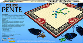 Deluxe Pente board game by Winning Moves, featuring a square grid with blue and green glass stones placed strategically on the board. The game includes two velvet bags holding additional stones and an ornamental border with classic design elements. Instructions and game overview visible on the back of the box.