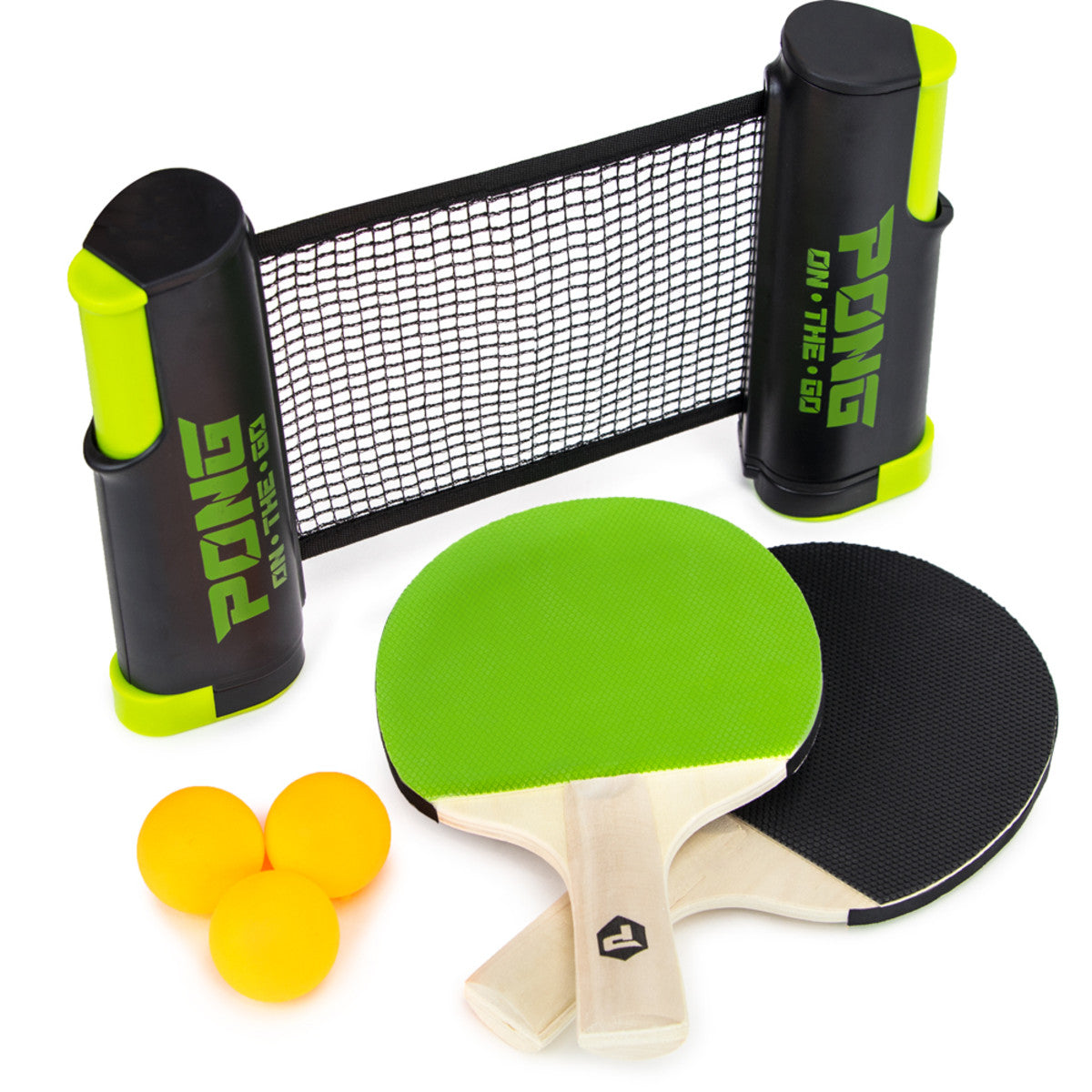 A partially-furled ping-pong net, two paddles, and three ping-pong balls