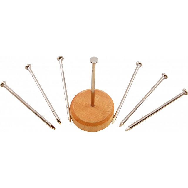 A nail puzzle with one nail in a wooden disc and six nails around it