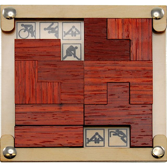Denksport mechanical puzzle by Jean Claude Constantin, featuring intricate wooden pieces in varying shapes and a smooth finish. The design includes small illustrations, enhancing the challenge and aesthetic.