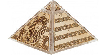 A 3D pyramid-shaped treasure box depicting Egyptian hieroglyphs and the figure of a pharaoh. The box is made of clear material with intricate laser engravings, showcasing ancient Egyptian art. It serves as a decorative piece and can be used for storing small treasures.