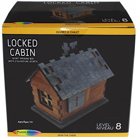 The Locked Cabin mechanical puzzle from Puzzle Master features an intricately designed wooden cabin resembling a cozy retreat. The puzzle serves as a secret opening box, showcasing a detailed slanted roof, windows, and a chimney. Ideal for ages 12 and up, it promises an engaging challenge with its level 8 difficulty.