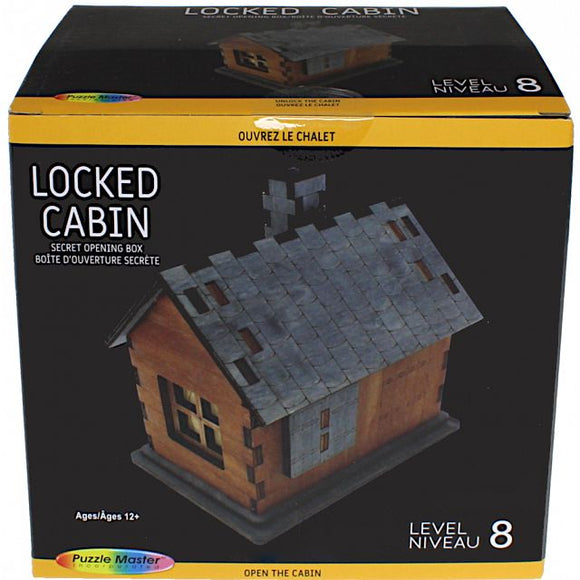 The Locked Cabin mechanical puzzle from Puzzle Master features an intricately designed wooden cabin resembling a cozy retreat. The puzzle serves as a secret opening box, showcasing a detailed slanted roof, windows, and a chimney. Ideal for ages 12 and up, it promises an engaging challenge with its level 8 difficulty.
