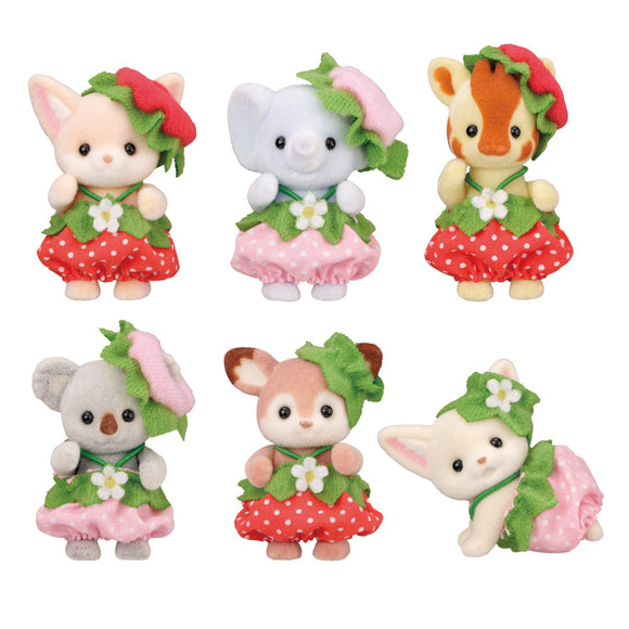 The six calico critters you could possibly receive from the blind bag, wearing strawberry themed outfits.