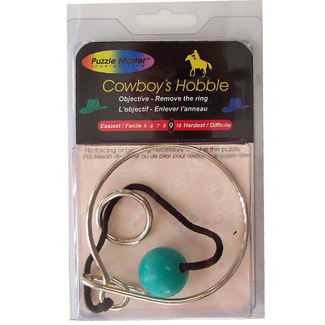 Cowboy's Hobble mechanical puzzle by Puzzle Master features a circular metal loop with a turquoise bead and a string. The objective is to remove the ring from the loop. It offers varying difficulty, rated from easiest to hardest.