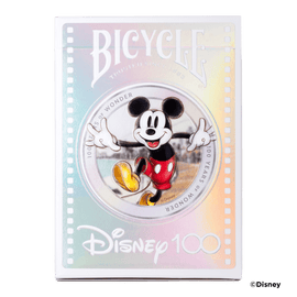 Bicycle Disney 100 Playing Cards featuring Mickey Mouse. The card box exhibits vibrant colors with an iridescent finish and showcases iconic Disney characters, celebrating 100 years of wonder.