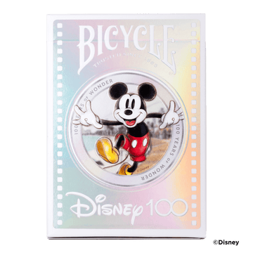 Bicycle Disney 100 Playing Cards featuring Mickey Mouse. The card box exhibits vibrant colors with an iridescent finish and showcases iconic Disney characters, celebrating 100 years of wonder.