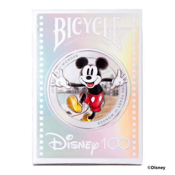 Bicycle Disney 100 Playing Cards featuring Mickey Mouse. The card box exhibits vibrant colors with an iridescent finish and showcases iconic Disney characters, celebrating 100 years of wonder.