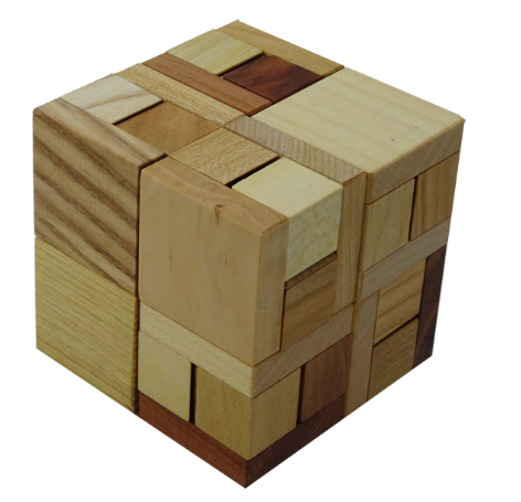 Diagra by VINCO is a beautifully crafted mechanical puzzle featuring an intricate design made from various types of wood, showcasing different textures and colors. The puzzle has a cubic shape, with interlocking wooden pieces that challenge the user to manipulate and fit them together, providing a stimulating and engaging experience for puzzle enthusiasts.