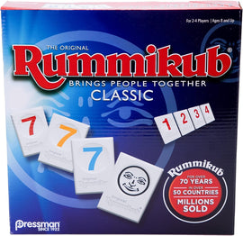 Rummikub Original game box by Pressman Toy Corp featuring colorful numbered tiles and a smiling face tile. The packaging highlights 'Brings People Together' and is suitable for 2-4 players aged 8 and up.