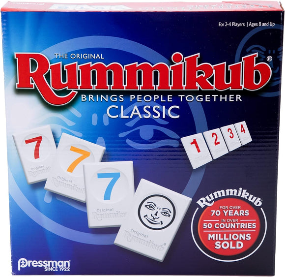 Rummikub Original game box by Pressman Toy Corp featuring colorful numbered tiles and a smiling face tile. The packaging highlights 'Brings People Together' and is suitable for 2-4 players aged 8 and up.