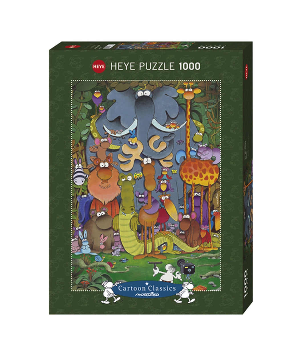 A colorful jigsaw puzzle box featuring a whimsical illustration by Mordillo. The scene depicts various cartoon animals including a large elephant, a giraffe, and a lion, all set in a vibrant jungle background. The puzzle contains 1000 pieces and is designed for both children and adults to enjoy.