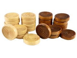 A set of 1-inch wooden checkers featuring a mix of light and dark wood tones. The checkers have a smooth, polished finish with spiral designs on top, perfect for classic board games.