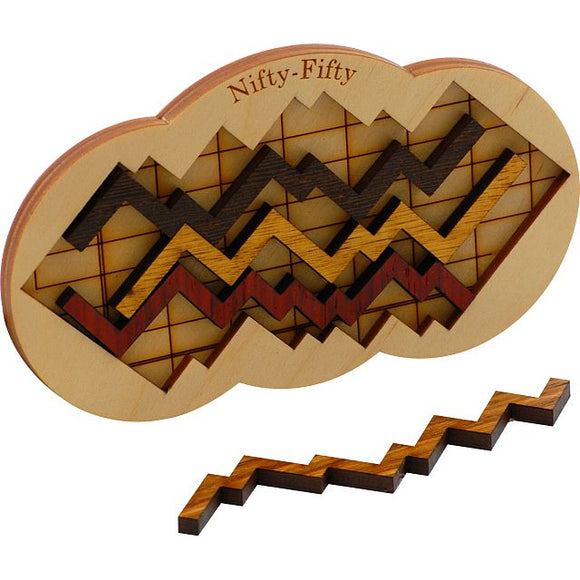 The Nifty-Fifty puzzle by Jean-Claude Constantin features a wooden base with intricately designed cutouts displaying zigzag patterns. The puzzle includes various wooden pieces in contrasting colors, designed to fit perfectly into the base. It's a visually appealing mechanical puzzle that challenges the mind while showcasing craftsmanship.
