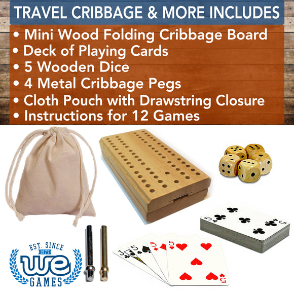 Boston 12-in-1 Cribbage & More game set by Wood Expressions, featuring a mini wood folding cribbage board, a deck of playing cards, five wooden dice, four metal cribbage pegs, a cloth pouch with a drawstring closure, and instructions for 12 different games.