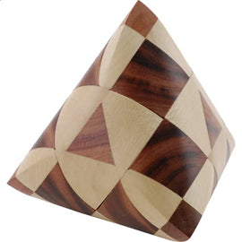 The Tetrahedron 2 by VINCO is a beautifully crafted mechanical puzzle made from a mix of light and dark wood. It features an intricate geometric design with triangular and circular patterns, perfect for developing spatial awareness and problem-solving skills. The polished surface adds an elegant touch to its unique triangular shape, making it a stunning addition to any puzzle collection.