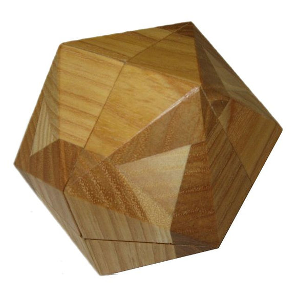 The Vinco Icosahedron is a beautifully crafted mechanical puzzle made of high-quality wood, featuring a complex geometric design with 20 faces. Its rich natural finish showcases intricate patterns and textures, making it a captivating decorative piece as well as a challenging brain teaser.