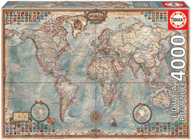 A beautifully illustrated jigsaw puzzle titled 'The World Executive Map' by Educa, featuring a vintage-styled world map with detailed geographical information, flags of different countries, and ornate design elements. The puzzle consists of 4000 pieces, perfect for geography enthusiasts and puzzle lovers alike.