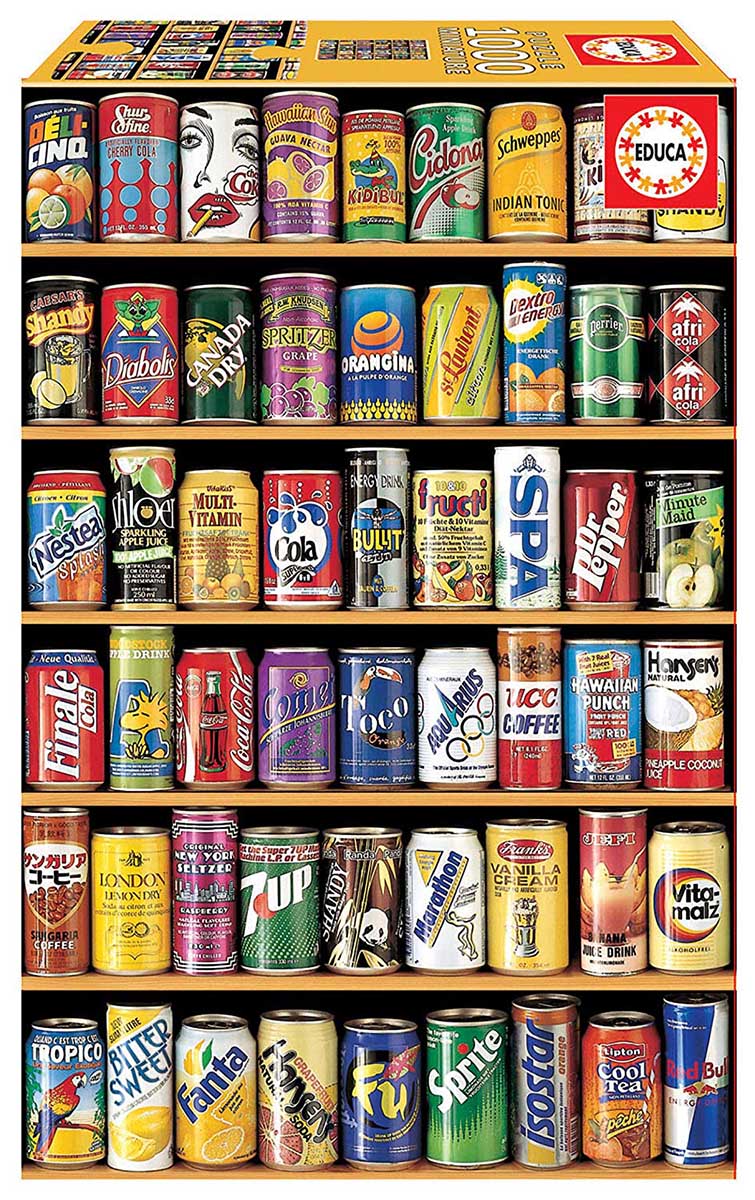 Educa CANS jigsaw puzzle featuring a vibrant display of colored soda cans, showcasing various brands and designs stacked elegantly on multiple shelves.