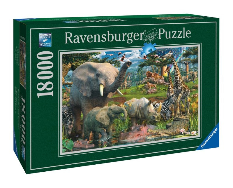 A picture of a green box for an 18,000-piece Ravensburger puzzle featuring African animals.
