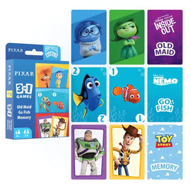 Pixar 3 in 1 Games Box with Cards Displayed Next to it, showcasing three games and various characters