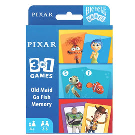 Packaging of Pixar 3-in-1 games featuring characters from various Pixar movies.