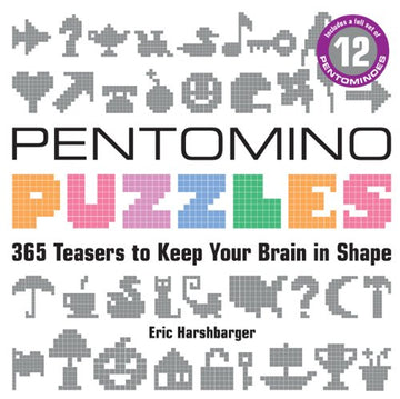 Cover of the 'Pentomino Puzzles' book, featuring the title in bold, colorful letters along with illustrations of various pentomino shapes and puzzles. The subtitle states '365 Teasers to Keep Your Brain in Shape,' by Eric Harshbarger. A circular badge indicates it includes a full set of 12 pentominoes.